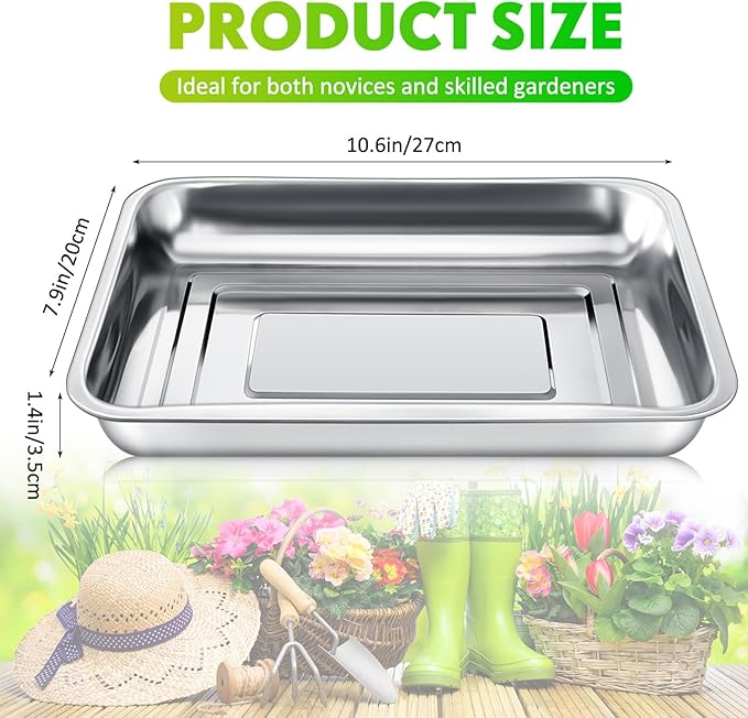 10 Pcs Stainless Steel Seed Starter Tray, Stainless Metal Garden Trays, Nursery Seedling Pots for Collection Transplantation & Propagation Flats, No Drain Holes(10.6 x 7.9 x 1.4 Inch)