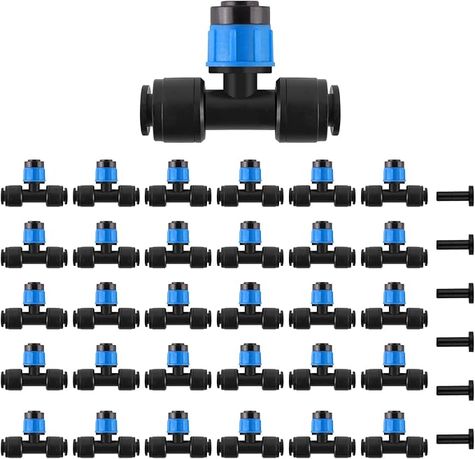 Kalolary 30Pcs Push-to-Fit Drip Irrigation Emitters for 1/4" Tubing, Adjustable 360 Degree Vortex Drip Emitters Irrigation Dripper Sprinklers with 6PCS End Plugs for Garden Irrigation System(Blue)