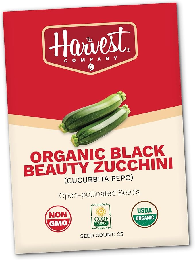 The Harvest Company Organic Black Beauty Zucchini Seeds – USDA & CCOF Certified Organic, Non-GMO, Open-Pollinated Heirloom Vegetable Seeds for Indoor & Outdoor Gardening (25 Seeds)