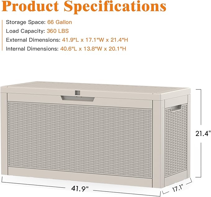 Outdoor Storage Box, 66 Gallon Waterproof Deck Boxes, Large Lockable Pool Storage Bins for Package Delivery, Porch, Garden Tool, Cushion, Patio, Anti-Theft Weatherproof & UV-Resistant Parcel Drop Box