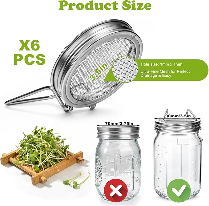Palksky Sprouting Lids for Wide Mouth Mason Jars, 6Pack Reusable Stainless Steel Screen Bean Sprouts Growing Lid for Organic Alfalfa Broccoli Seeds Mung Bean Plant Germination Kits
