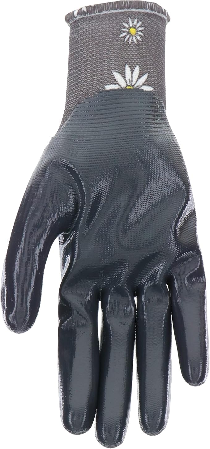 Mud Grip Women's Daisy Printed Polyester Shell and Flat Nitrile Coated Palm Gardening Gloves,