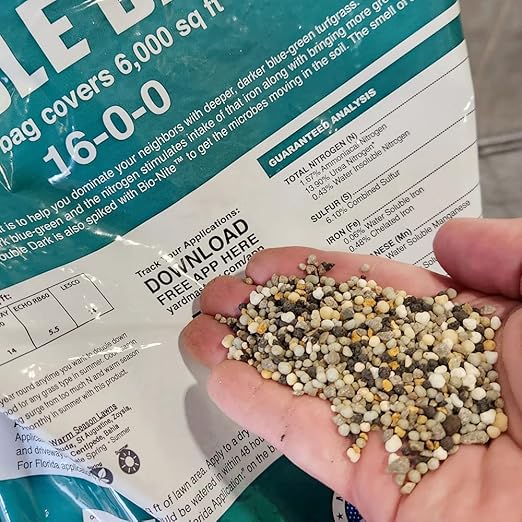 16-0-0 Double Dark Granular Lawn Fertilizer (with 6% Iron) and Bio-Nite - 45 lbs Covers 15,000 Square Feet - Green Up Your Lawn without Pushing Too Much Growth - Better Than Ironite - Apply Year Round