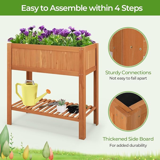 Giantex Raised Garden Bed Outdoor, Elevated Fir Wood Garden Box with Legs, Bottom Storage Shelf & Protective Liner, Planter Raised Bed for Gardening, Fruit, Vegetables, Herbs, 39" Lx20 Wx39 H