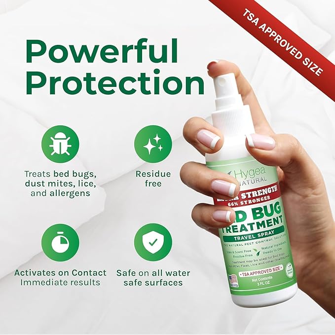 Hygea Natural Extra Strength Bed Bug Killer & Mite Travel Spray - TSA Approved Size - Child & Pet Friendly - Stain & Odor Free - for Hotel, Suitcase, Backpack, Shoes - 66% Stronger Formula(2pk, 3 oz)