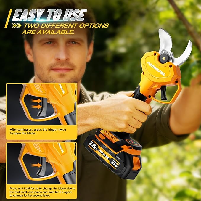 1.6"/ 41mm Electric Pruning Shears, Cordless Electric Scissors LCD Display＆SK7 Blades, 21V Brushless Motor Branch Cutter with 2 PCS Rechargeable 2000mAh Batteries & 2 Blades (Yellow)