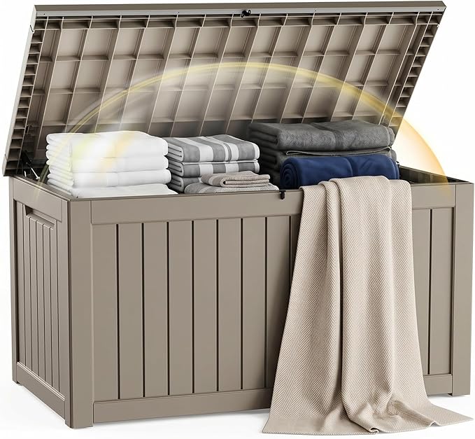EFU Outdoor Storage Box 260 Gallon Deck Box (Indoor & Outdoor) Lockable UV Resistance Waterproof Resin Storage Bin Storage Box for Outdoor,Patio Storage With Support Rod(Taupe)