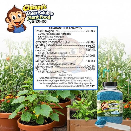 Chimpy's 20-20-20 Complete Water-Soluble Plant Food - 16oz Professional Grade Fertilizer with Measuring Scoop for Indoor Outdoor Plants, Vegetables & Flowers