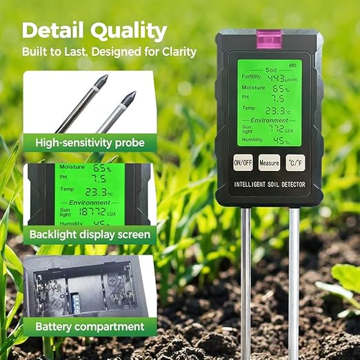 6-in-1 Soil Moisture Meter,Plant Water Monitor,Soil Test Kit -Soil Moisture/Light/Fertility/PH Tester,Professional Soil Tester for Home, Garden, Lawn, Farm, Indoor and Outdoor Use (2PC)
