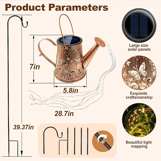 Solar Lanterns Outdoor Decorative: Metal Butterfly Watering Can with Cascading LED Lights and Hook - Waterproof Hanging Garden for Yard Patio Decor - Birthday Gardening Gifts for Women