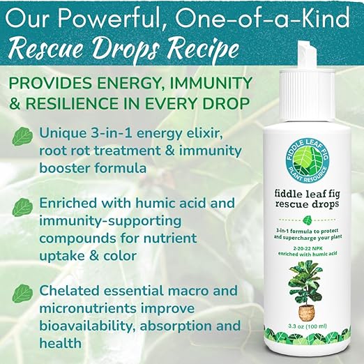 Fiddle Leaf Fig Rescue Drops – Treats Root Rot, Brown Spots, Leaf Drop & Stress | Immune Boosting Liquid Formula Concentrate | Easy to Use | Safe for All Tropical Plants | 3.3 oz | Made in USA