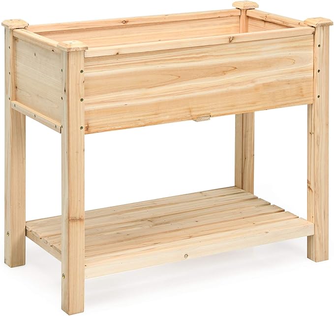 S AFSTAR Raised Garden Bed with Storage Shelf, Elevated Cedar Wood Planter Box with Legs, Outdoor Gardening Planting Bed for Vegetables Flower Herb Grow, Great for Backyard Patio Lawn