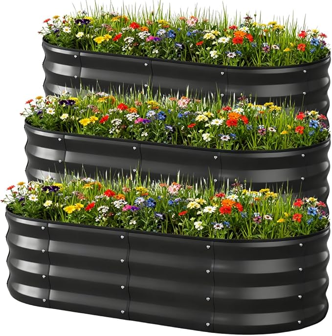 COMHOMA 3 Pack Raised Garden Bed 4x2x1ft,Galvanized Metal Planter Box Kit for Outdoor Gardening,Large Vegetable Flower Growing Beds with Gloves Tools,Black