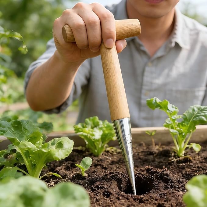 Seed Dibber Planter Tool, Bulb Hand Dibbler Gardening Tool with Depth Markings, 11'' Garden Wooden T-Handle Bulb Planting Tool with Metal Tip for Garlic, Tulips, Daffodils, Vegetable & Flower
