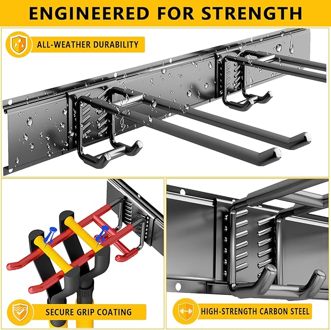 Garage Tool Organizer Wall Mount, 64inch Heavy-Duty Garage Storage System and Garden Tool Organizer with 12 Adjustable Hooks for Shovel, Snowboard, Yard Tools and Shed