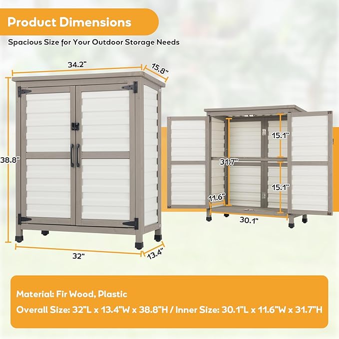 PetsCosset Outdoor Storage Cabinet with Lockable Doors, Wood & Plastic Horizontal Garden Patio Storage Box for Tools Toys Pool Accessories, Easy to Assemble, White