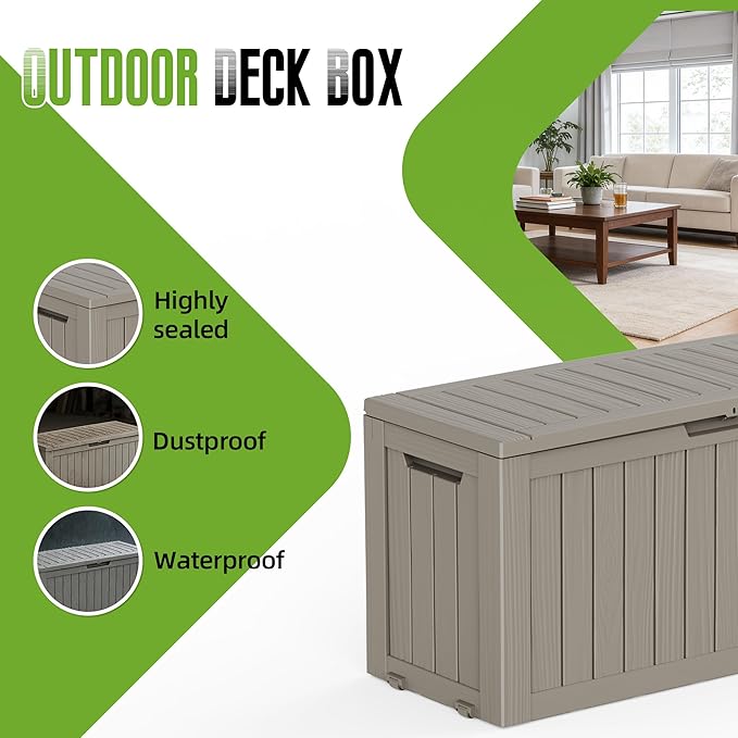 85 Gallon Outdoor Storage Deck Box Waterproof Resin Lockable Outside Bench Porch Patio Furniture Pool Float Garden Tool Cushion UV Resistant Bin Beige