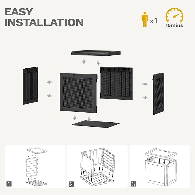 32 Gallon Indoor Outdoor Storage Box, Resin Rattan Small Deck Box for Patio Furniture, Cushions, Garden Tools, Sports Equipment,Black