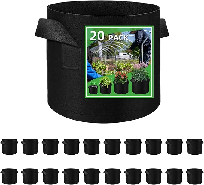 LITLANDSTAR 20 Pack 5 Gallon Plant Grow Bags, Breathable Felt Non-Woven Aeration Fabric Plant Grow Pots, Garden Planting Containers for Nursery Vegetable Flower Grow Bags with Handles (11.8x9.8inch)