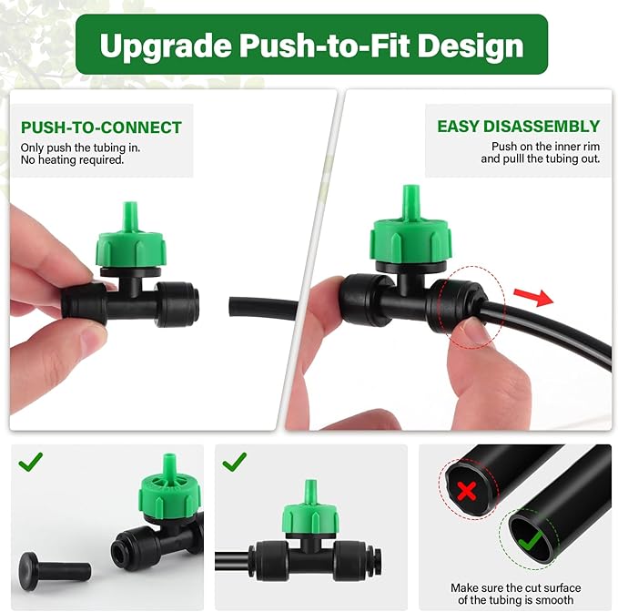 Kalolary 30Pcs Push-to-Fit Drip Irrigation Emitters 1 GPH Pressure Compensating Drippers with Constant Water Flow Drip Irrigation System Parts for 1/4 Inch Irrigation Tubing with 6PCS End Plugs(Green)