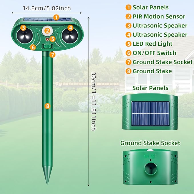 2026 Solar Animal Repellent Outdoor&Cat Repellent Outdoor with Motion Deer Repellent Devices Ultrasonic Cat Deterrent Fox Raccoon Squirrel Rabbit Coyote Deterrent for Farm Orchard Garden 2 PCS