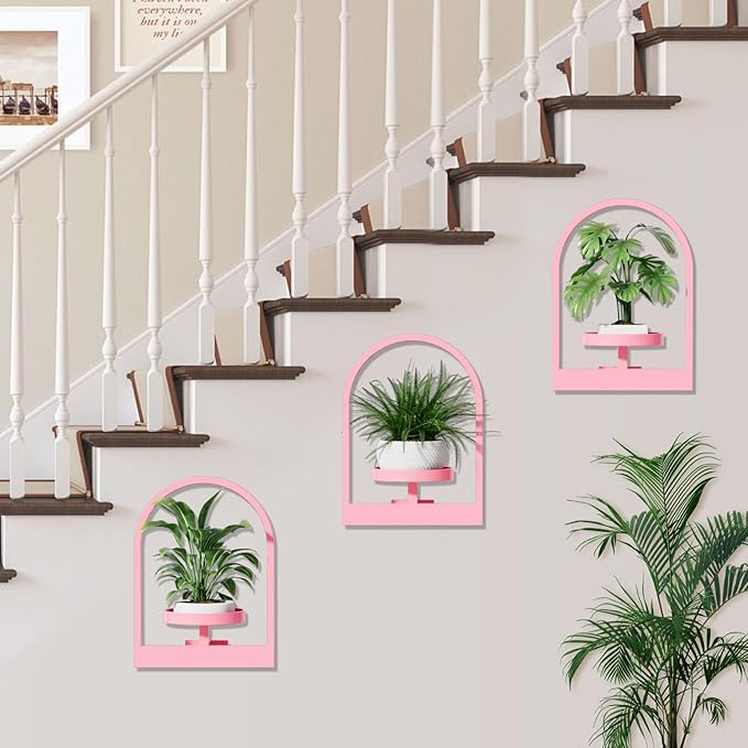Wall Plant Shelf, Hanging Frame Decor Planter for Indoor Plants, Wall Plant Holder for Living Room/Entryway/Garden Flower Pot Holder Free Garden Shears (Arc-Pink, 2Pcs)