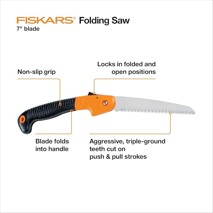 Fiskars Folding Hand Saw, 7" Pruning Saw with Power Tooth Blade with Triple Ground Teeth that Powers Through Wood Faster, Soft Grip Handle