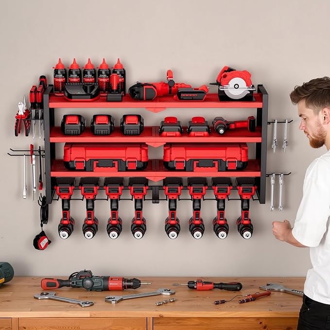 VEVOR Power Tool Organizer Wall Mount, 4-Layer Storage Rack with 8 Drill Holders, Tools Holder and Storage Rack with Side Pegboards, Garage Tool Organizer for Garage, Workbench, and Workshop