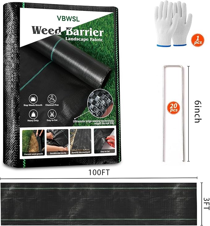 Weed Fabric Barrier Heavy Duty, 3FT x 100FT 3.2oz Garden Weed Blocker Fabric, Landscaping Fabric, Weed Control Fabric Ground Cover Gardening Mat