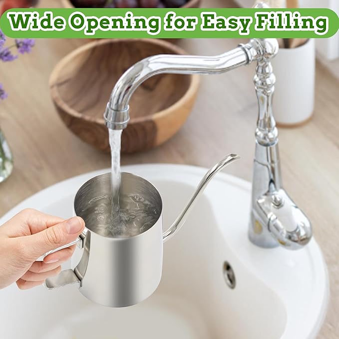 Small Watering Can for Indoor Plants, 12 OZ Mini Flower Watering Pots with Long Spout and Handle, Stainless Steel Water Can for Outdoor Garden House Office (Silver)