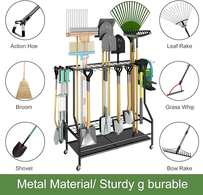 GILLAS Garden Tool Organizer for Garage, Utility Storage Racks with Hooks, Metal Yard Tool Stand Holder Organizer for Long-Handled, Broom, Shovel, Rake, Sturdy Heavy Rack for Outdoor, Yard, Black