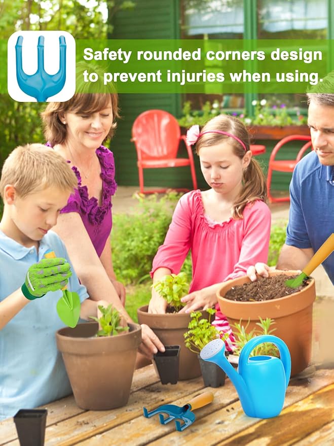 Biubee Toddler Gardening Tools Set - Sturdy Kids Watering Can Toy, Child Gardening Set with Metal Shovel Hand Rake Kids Gloves, Garden Toys for Baby Outdoor Beach Sand Toy Gift, Blue