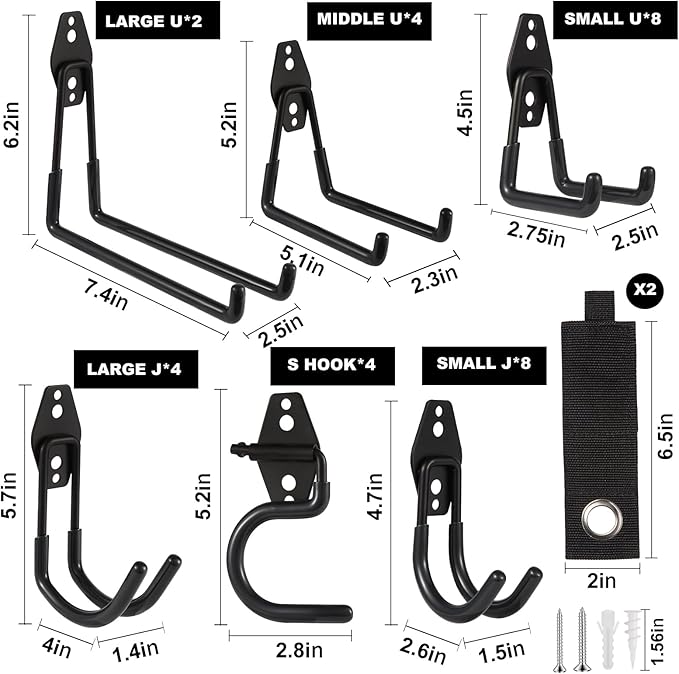 Garage Hook Heavy Duty Wall Storage Hangers, 32 Pack Garage Storage Hooks Steel Tool Black for Ladders, Ropes, Garden Tools