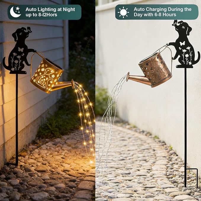 Outdoor Solar Dog Garden Decorative, 2 Pcs Solar Watering Can with Light, Featuring Metal Dog Statue Silhouette Stake, Day Gift for Women, for Outside Landscapes, Lawn, Garden Path Decoration