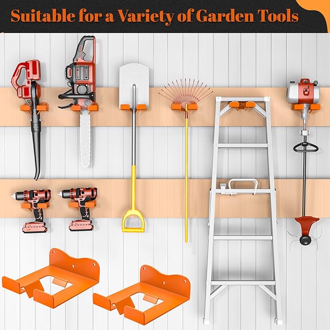 Weed Eater Hanger Garage Organizer Trimmer Rack, Garden Power Tool Hanger Weed Whackers Holder, Hedge Trimmer Wall Mounted for Grass Trimmer Hedge Trimmer Leaf Blower Chainsaw (Orange-2Pcs)