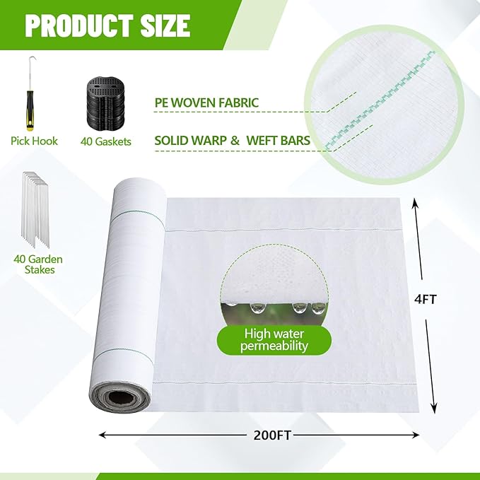 3.2 oz 4 x 200 ft White Landscape Fabric Heavy Duty Weed Barrier Fabric Landscaping Woven UV Resistant Ground Cover with 40 Gaskets 40 Garden Stakes Pick Hook for Gardening Farming