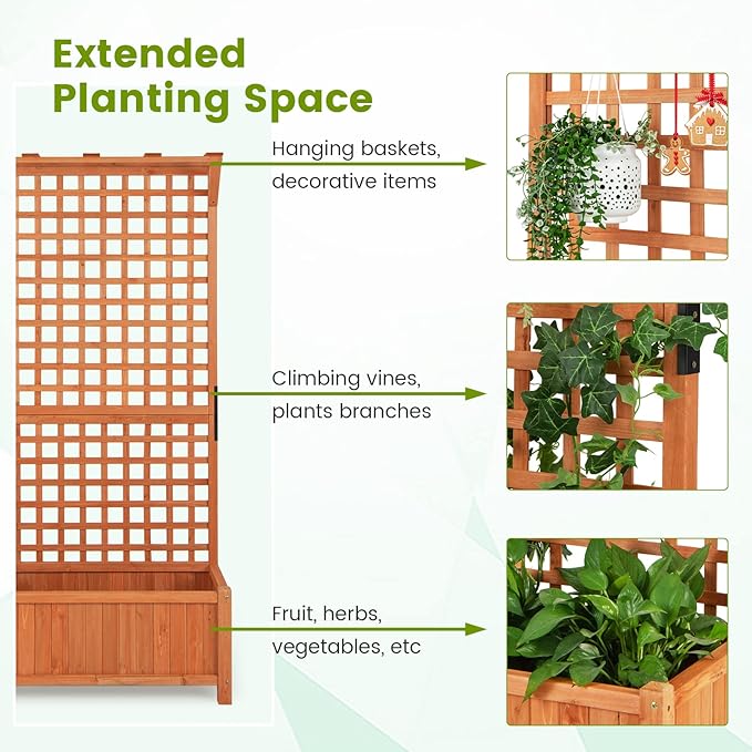 HAPPYGRILL 2 Pcs Raised Garden Bed, 72.5" Garden Planter with Trellis, Drainage Holes, Freestanding Garden Planter for Vine Climbing Plants, Wooden Planter Box for Yard Balcony