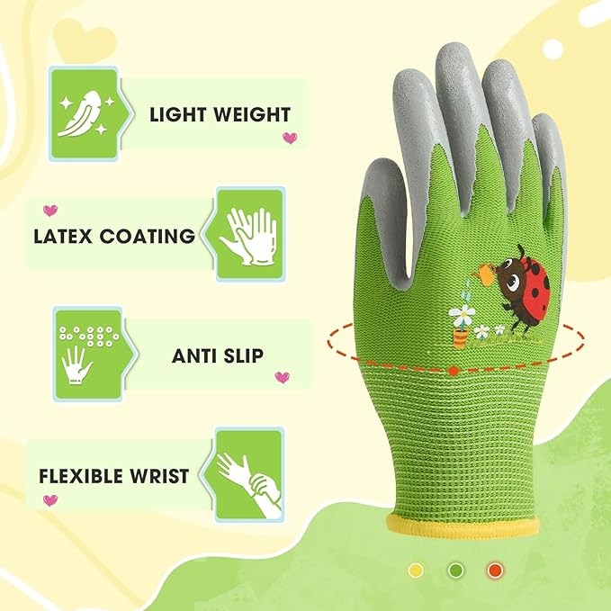 WAWSAM Kids Gardening Gloves 3 Pairs Toddlers Rubber Coated Work Gloves Children Garden Gloves