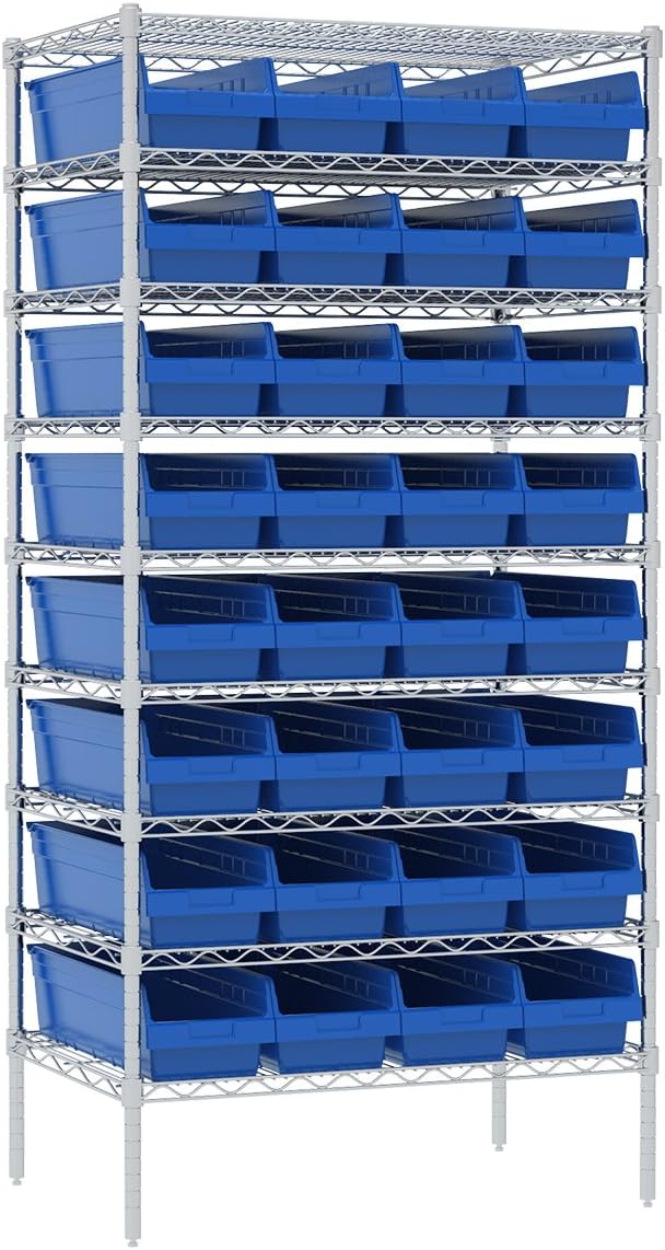 Akro-Mils 30084 Plastic Nesting ShelfMax Storage Bin Box, 24x8x6-Inch, Blue (6-Pack) (30084BLUE)