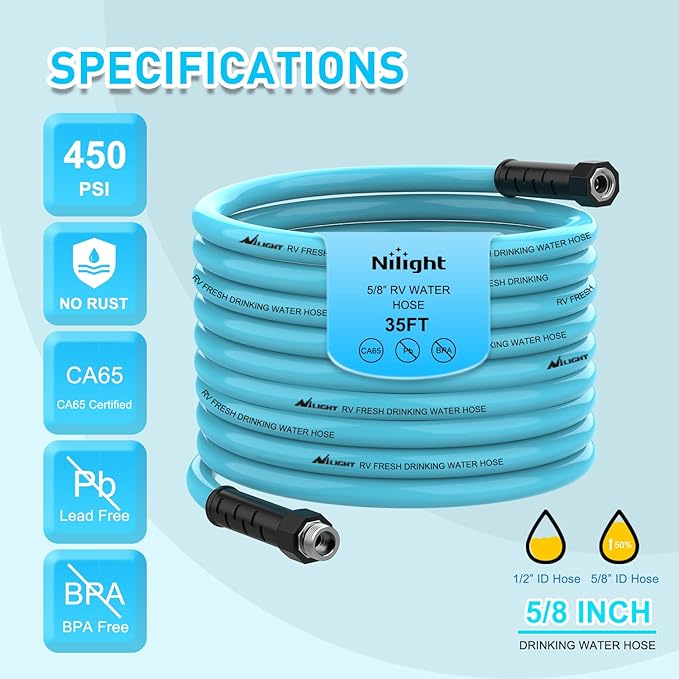 Nilight RV Water Hose 35FT Garden Drinking Hoses with Storage Bag Leakproof Anti-Kink 5/8" Inner Diameter Flexible Lightweight Freshwater Hose for RVs Campers Travel Trailer Boat Car Wash Accessories