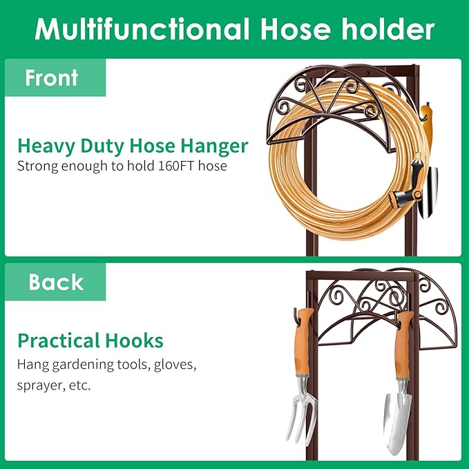 TomCare Garden Hose Holder Heavy Duty Water Hose Holder Holds 160 FT Hoses 4 Spikes Hose Reel Freestanding Hose Hanger Sturdy Hose Storage Stand for Outside Yard Lawn