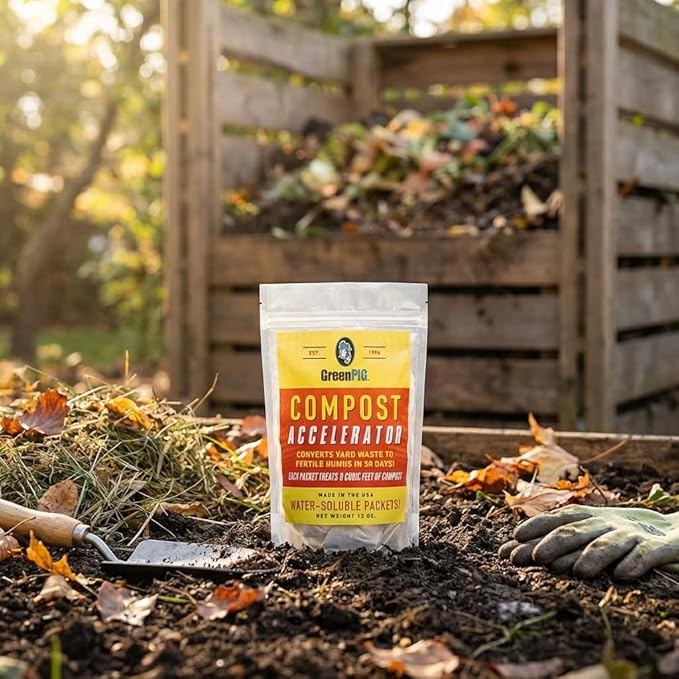 GREEN PIG Compost Accelerator Converts Yard Waste to Fertile Humus in 30 Days and Helps Control Odors Associated with Compost Piles, 1 Bag (12 Dissolvable Packets)