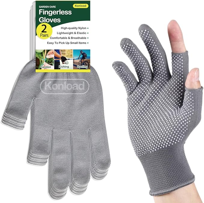 Open Finger Nylon Glove for Grafting/Budding/Bonsai. Lightweight 2 Half-Finger Slip Breathable Fingerless Garden Gloves for Garden Tools-2 Pairs