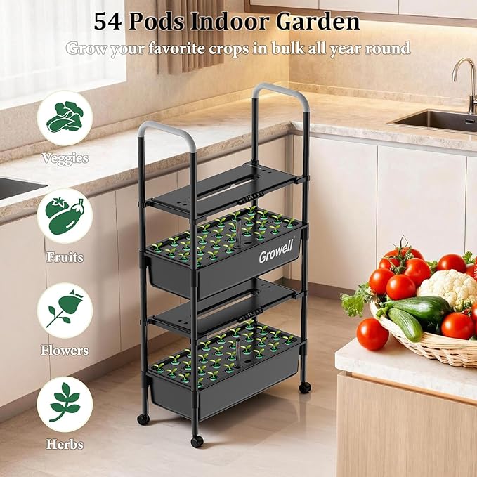 Hydroponics Growing System Kit, 54 Pods Vertical Indoor Herb Garden with Smart LED Grow Light, Auto Circulating Water Pump Each Tier, 28L Hydroponic Gardening Systems for Ideal Gifts (Black)