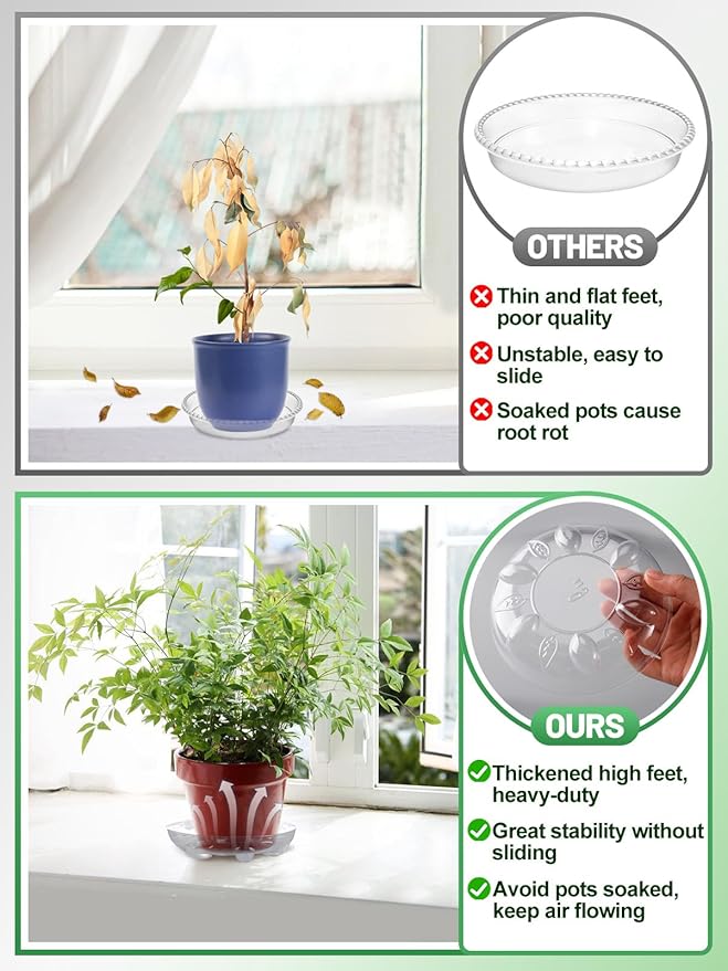 ANPHSIN 15 pcs Heavy-Duty Plant Saucers with Feet, 6in/8in/10in Clear Plastic Plant Drip Trays, Flower Pot Water Catchers Drainage Saucers for Indoor Outdoor Potted Plant