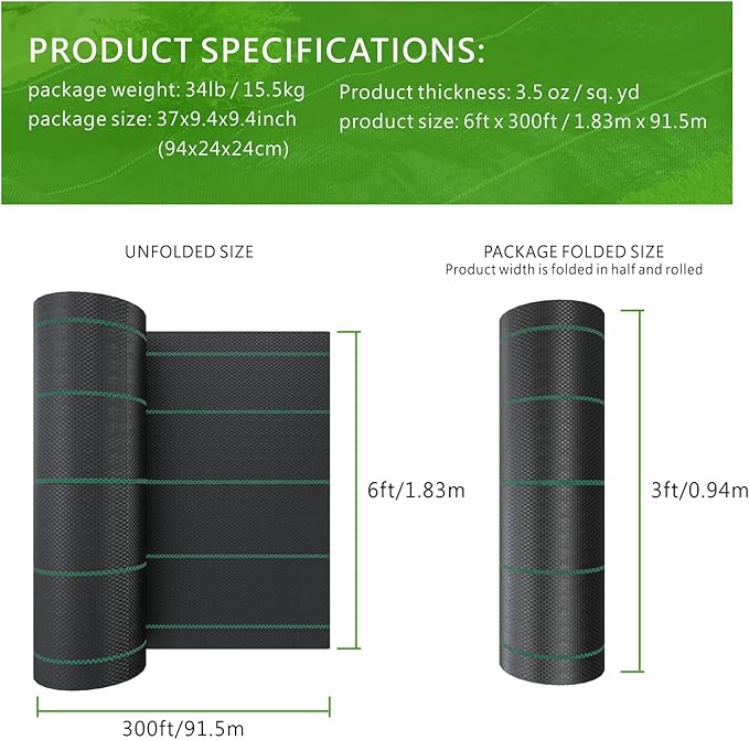 6ft x 300ft Weed Barrier Landscape Fabric Heavy Duty Premium 3.5oz PP Ground Cover Weed Barrier Weed Blocker Fabric Commercial Grade Underlayment Geotextile Fabric for Construction Projects