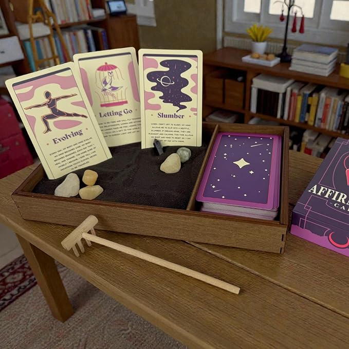 Wooden Zen Garden with Daily Affirmation Cards for Women and Men | Midnight Purple Sand with Rake & Amethyst Wand | Affirmations for Mindfulness, Meditation, and Inspiration | Beautiful 52 Card Deck