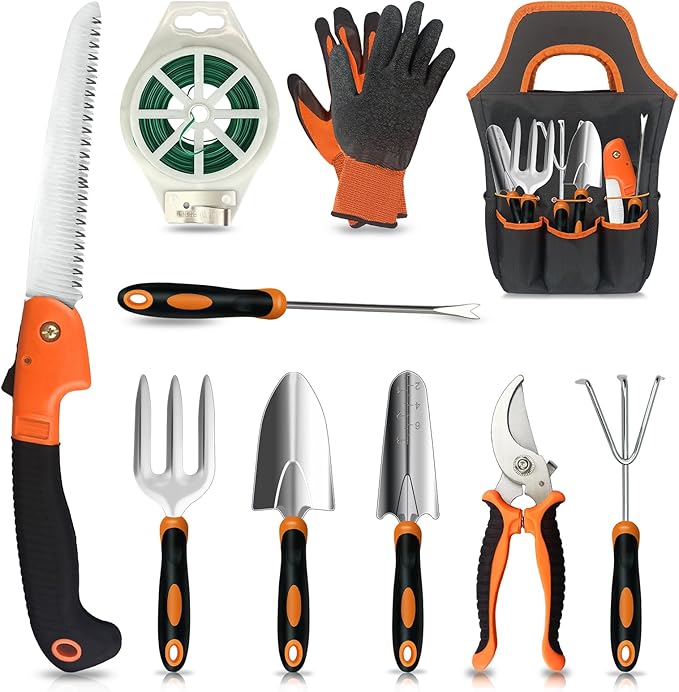 Gardening Tools,10PCS Stainless Steel Heavy Duty Garden Tool Set,Non-Slip Ergonomic Handle and Outdoor Garden Shovel with Storage Gardening Kit,Garden Gifts for Women and Men