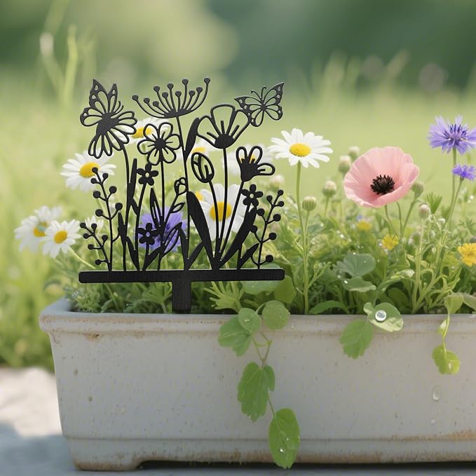 CUTHOLLOW Metal Plant Marker Stake Wildflowers and Butterflies for Outdoor Indoor, Waterproof 11.8 inch Cute Garden Plant Labels Sign Tag for Herb, Farmhouse Greenhouse Decor - Funny Gardening Gifts