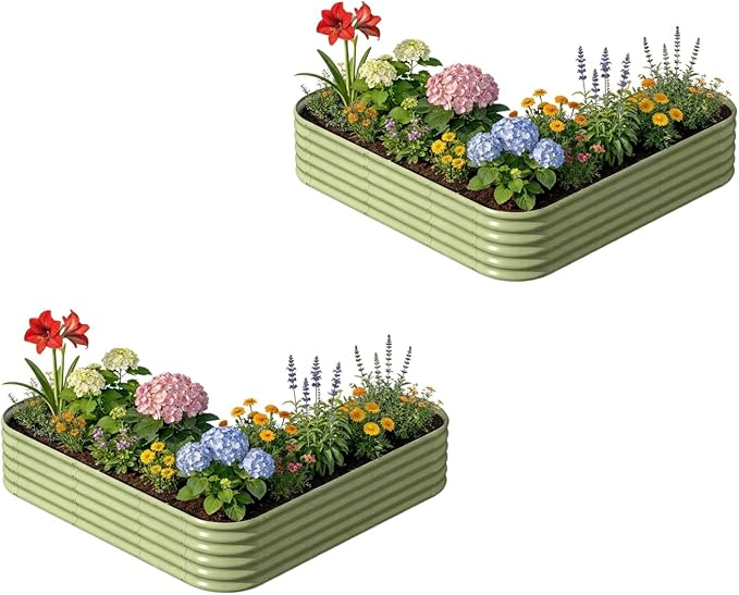 2-Pack L-Shaped Metal Raised Garden Bed 7x7x1.5 ft, 18" Tall Galvanized Steel Corner Raised Garden Bed for Vegetables & Flowers, Modular Outdoor Raised Planter Box – Moss Green